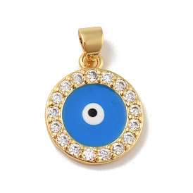 Brass Micro Pave Clear Cubic Zirconia Pendants, Enamel Pendants, Cadmium Free & Lead Free, Long-Lasting Plated, Flat Round with Evil Eye