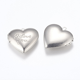 Unicraftale 304 Stainless Steel Locket Pendants, Photo Frame Charms for Necklaces, Heart with Phrase I Love You, For Valentine's Day