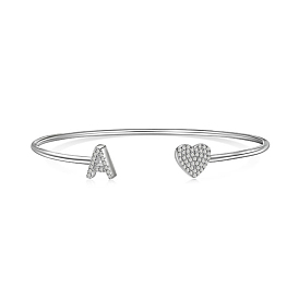 Heart & Letter Rhodium Plated 925 Sterling Silver Micro Pave Cubic Zirconia Cuff Bangles for Women