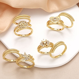 Brass Micro Pave Cubic Zirconia Double Rings for Women, Golden