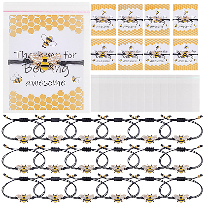 36pcs bracelets en cordon de polyester ciré, avec des breloques en alliage émaillé et une carte en papier, abeilles
