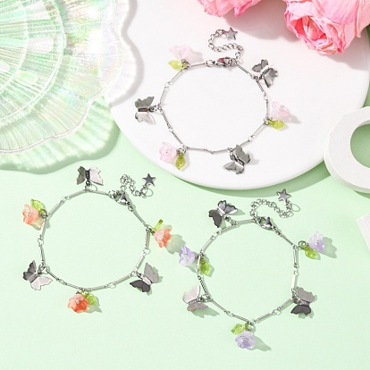 201 браслеты с подвесками из нержавеющей стали и стеклянными бусинами, окрашенными распылением, наборы браслетов из латунных звеньев цепей для женщин, цветок и бабочка