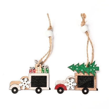 Christmas Theme Wood Big Pendant Decorations, with Hemp Rope and Wood Beads, Car with Gift Boxes & Christmas Tree