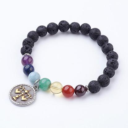 Yoga Chakra, Natural Lava Rock Beads Stretch Bracelets, with Brass Findings and 304 Stainless Steel Charms, Flat Round with Constellation/Zodiac Sign, Burlap Packing