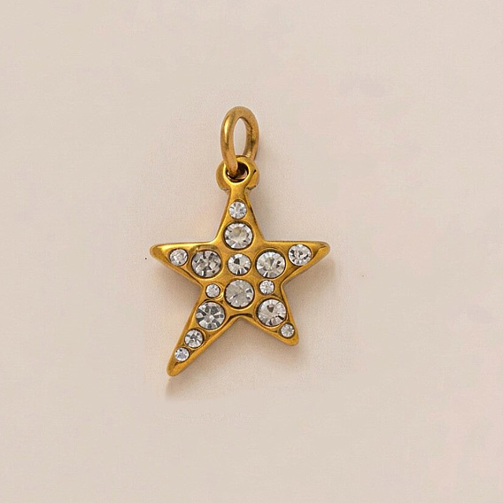 Stainless Steel Rhinestone Pendants, Star Charm, Ion Plating(IP), Long-Lasting Plated