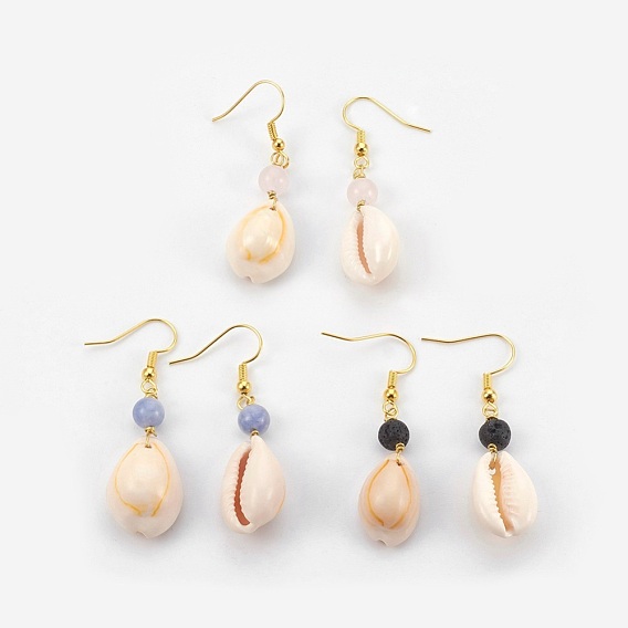 Shell Dangle Earrings, with Brass Earring Hooks and Mixed Stone Beads