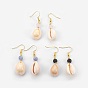Shell Dangle Earrings, with Brass Earring Hooks and Mixed Stone Beads