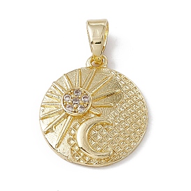 Rack Plating Brass Cubic Zirconia Pendants, Flat Round with Sun and Moon Charm, Long-Lasting Plated, Lead Free & Cadmium Free