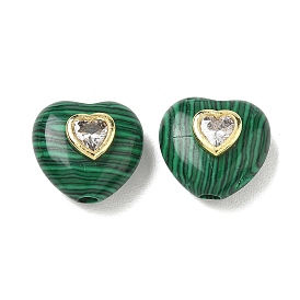 Perlas de malaquita sintéticos, corazón, con hallazgos de circonita cúbica clar micro pavé de latón, dorado
