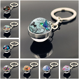Alloy with Glass Keychain for Women, Time Gem Cabochon, Round with Brid