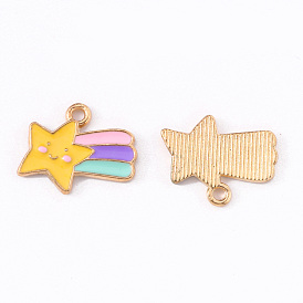 Alloy Enamel Pendants, Smiling Face Meteor with Rainbow, Light Gold