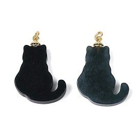 Natural Myanmar Jade Pendants, Cat Shape Charms with Brass Micro Pave Green Cubic Zirconia Bails, Golden