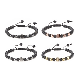 Natural Obsidian & Synthetic Hematite Braided Bead Bracelet with Cubic Zirconia, Gemstone Jewelry for Women