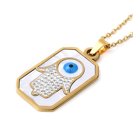 Hamsa Hand with Evil Eye Natural Shell Enamel Pendant Necklaces, with 304 Stainless Steel Cable Chains