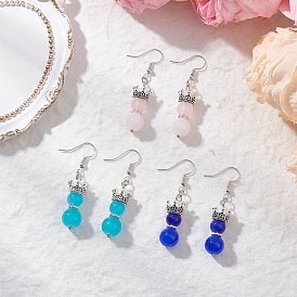 3 Pairs Baking Paint Imitation Jade Glass Dangle Earrings, Crown with Round, with Eco-Friendly Dyed Glass Pearl and Alloy