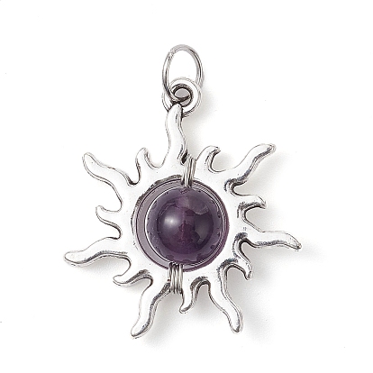 Natural Mixed Stone Round Pendants, Tibetan Style Alloy Sun Charms with 304 Stainless Steel Jump Rings, Antique Silver