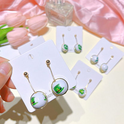 Green Wooden Beads St. Patrick's Day Long Stud Earrings Women's Statement Earrings