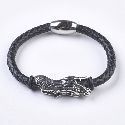 Men's Braided Leather Cord Bracelets, with 304 Stainless Steel Findings and Magnetic Clasps, Dragon Head
