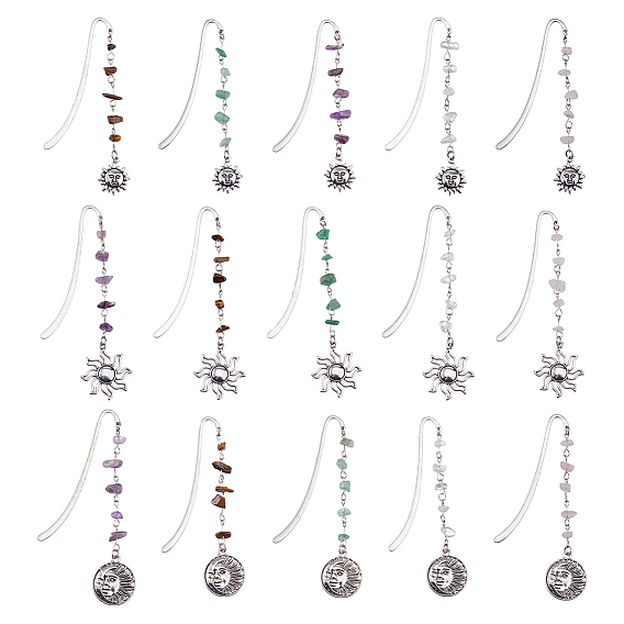 15Pcs 5 Color Sun Alloy Bookmark, with Natural Mixed Gemstone Chip