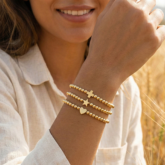 Bracelets extensibles minimalistes en perles de laiton pour femmes, rond et croix