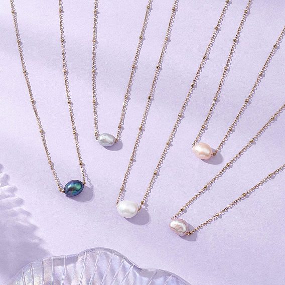 Подвеска в форме картофеля из натурального культивированного пресноводного жемчуга 304 Женские ожерелья-спутники из нержавеющей стали, смешанные окрашенные и неокрашенные, разноцветные