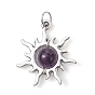 Natural Mixed Stone Round Pendants, Tibetan Style Alloy Sun Charms with 304 Stainless Steel Jump Rings, Antique Silver