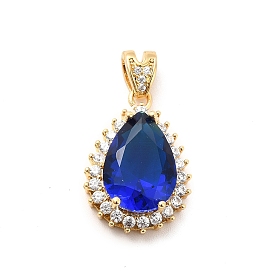 Brass Micro Pave Clear Cubic Zirconia Pendants, with Blue Glass, Teardrop