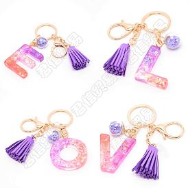 ARRICRAFT 4Pcs 4 Styles Resin Keychains, with Iron Keychain Findings, Glass Ball Pendants(with Plastic inside) and Sponge Tassels, Letter Love, Light Gold