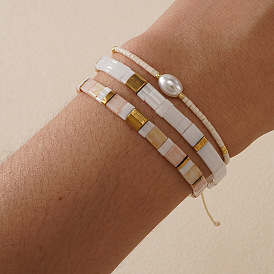 3шт. 3 Стильные богемные браслеты из стеклянного бисера, регулируемые и эластичные браслеты, набор для женщин, столбец и прямоугольник, с имитацией жемчуга