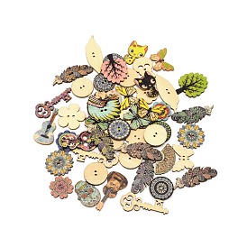 2-Hole Cartoon Animal Flower Leaf Guitar Assorted Design Wood Printing Sewing Buttons, for Crafting DIY Sewing