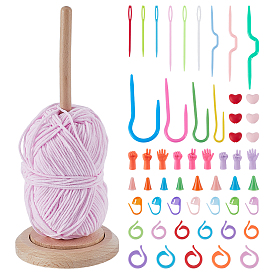 1Вращающаяся деревянная прялка для пряжи, ленты, веревки и других материалов для вязания, с 1пакетом, пластиковой крышкой для вязальной спицы и крючка, пластиковый набор для сшивания, силиконовые декоративные бусины и резиновые защитные колпачки для кончиков вязальных спиц