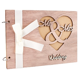 Gorgecraft Wooden Wedding Guestbooks Notepad, with Bowknot Ribbon, for Wedding Decoration, Rectangle with Hollow Heart and Word Mr & Mrs, Wedding