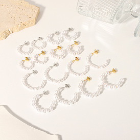 Stylish Stainless Steel C-shaped Stud Earrings, with Imitation Pearl