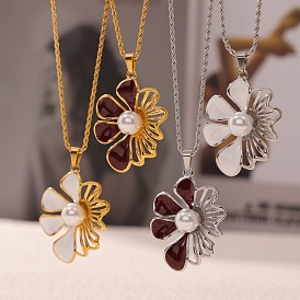Colliers avec pendentif en acier inoxydable pour femmes, avec émail et perle d'imitation en plastique, fleur