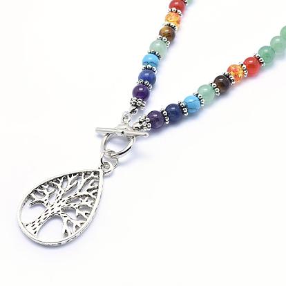 Tibetan Style Alloy Pendant Necklaces, with Natural Gemstone Beads and Toggle Clasps, Teardrop with Tree
