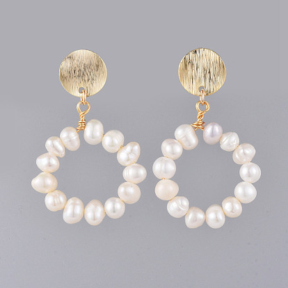 Dangle Stud Earrings, with Natural Pearl Beads, Brass Findings and Plastic Ear Nuts, Flat Round