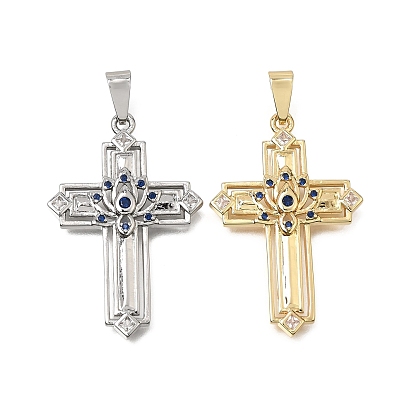 Brass Micro Pave Blue Cubic Zirconia Pendants, Cross with Lotus Charms