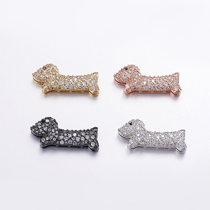 Brass Micro Pave Cubic Zirconia Puppy Pendants, Multi-strand Links Connectors, Long-Lasting Plated, Sausage Dog/Dachshund