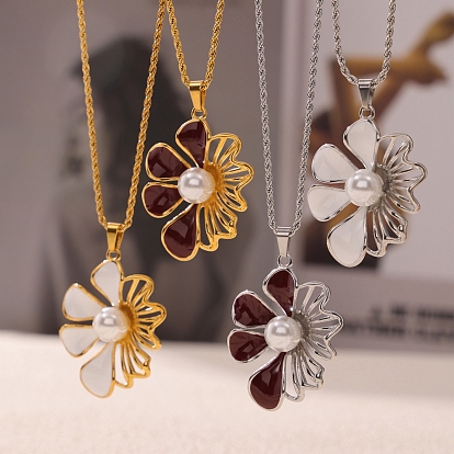 Colliers avec pendentif en acier inoxydable pour femmes, avec émail et perle d'imitation en plastique, fleur