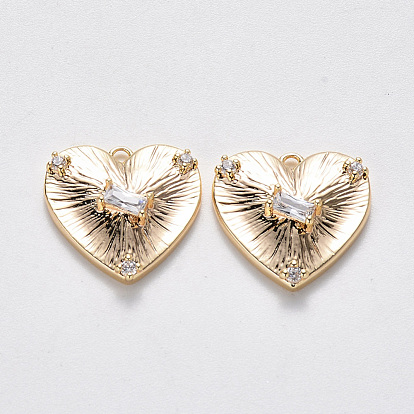 Brass Cubic Zirconia Pendants, Nickel Free, Heart, Real 18K Gold Plated
