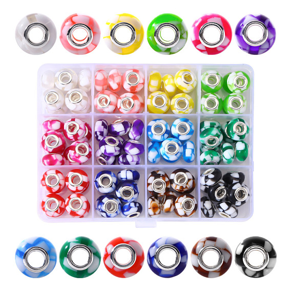 96Pcs 12 Style Resin European Beads, Large Hole Beads, with Platinum Plated Tone Brass Double Cores and Shell, Rondelle