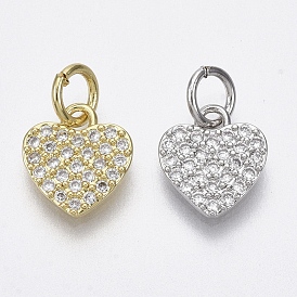 Brass Micro Pave Cubic Zirconia Charms, with Jump Ring, Nickel Free, Heart, Clear
