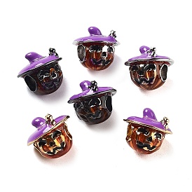 Halloween Rack Plating Brass Enamel European Beads, Long-Lasting Plated, Cadmium Free & Lead Free, Large Hole Beads, Pumpkin with Hat