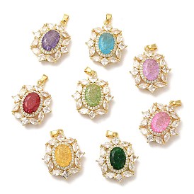 Rack Plating Brass & Crushed Ice Cut Cubic Zirconia Pendants, with Glass Rhinestone, Flower Charm, Real 14K Gold Plated, Long-Lasting Plated, Cadmium Free & Lead Free