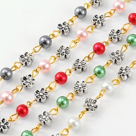 Handmade Round Glass Pearl Beads Chains for Necklaces Bracelets Making, with Tibetan Style Alloy Flower Beads and Iron Eye Pin, Unwelded, 39.3 inch