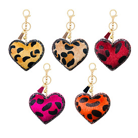 Leopard Heart Keychain with Diamonds and Tassels for Car Bag Decoration