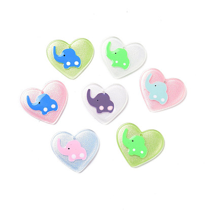 Acrylic Pendants, with Enamel and Glitter Powder, Heart with Elephant Pattern