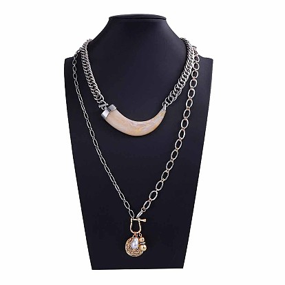 Двухслойные ожерелья из роговой смолы и цинкового сплава с подвеской в виде монеты и пластикового жемчуга для женщин