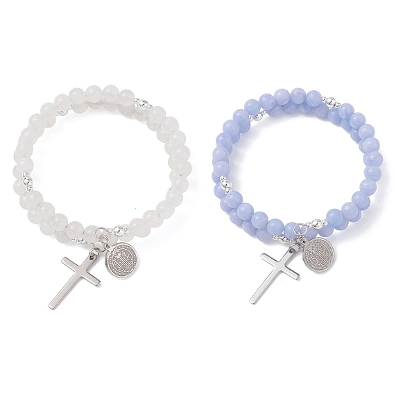 2шт. браслеты из двух нитей натурального крашеного голубого кружевного агата и белого нефрита, 201 женские браслеты с подвесками из нержавеющей стали, крест и плоский круг со святым Бенедиктом