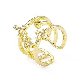 Clear Cubic Zirconia Triple Cross Open Cuff Ring, Rack Plating Brass Jewelry for Women, Cadmium Free & Lead Free
